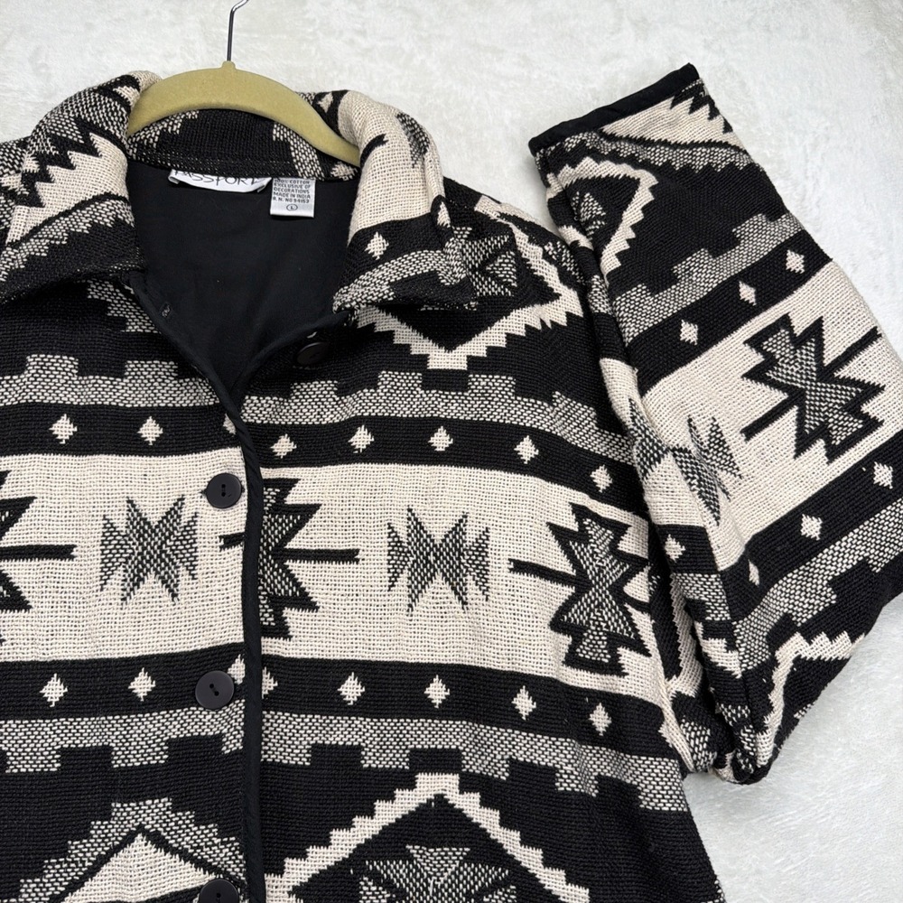 Passports Women's Southwestern Knit Jacket Large Black Cream Button Front Lined